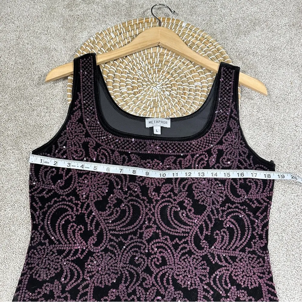 Metaphor Black Purple Sparkly Beaded Sequin Pattern Tank Top Velvet Whimsigoth L - Image 9