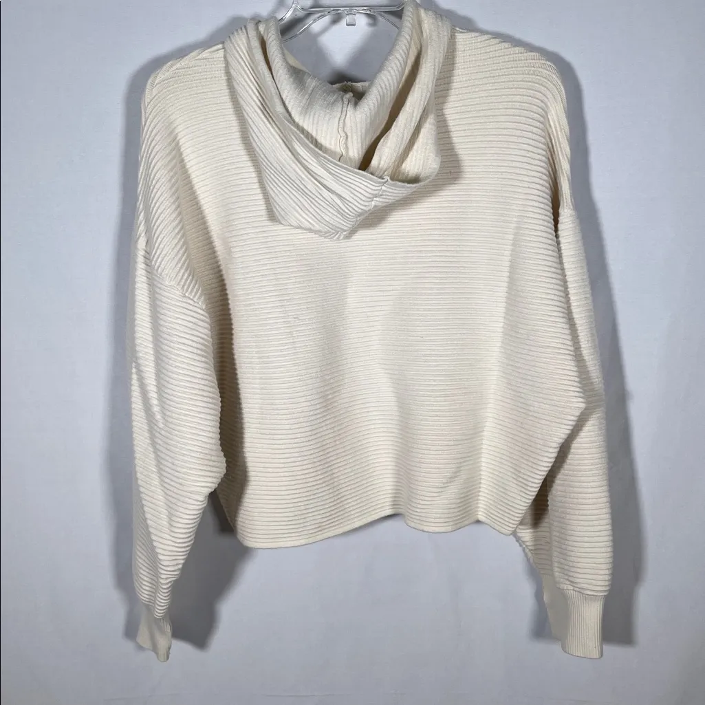 AERIE OFFLINE HOME STRETCH HOODED SWEATER RIBBED CREAM LARGE SEMI CROPPED - Image 6