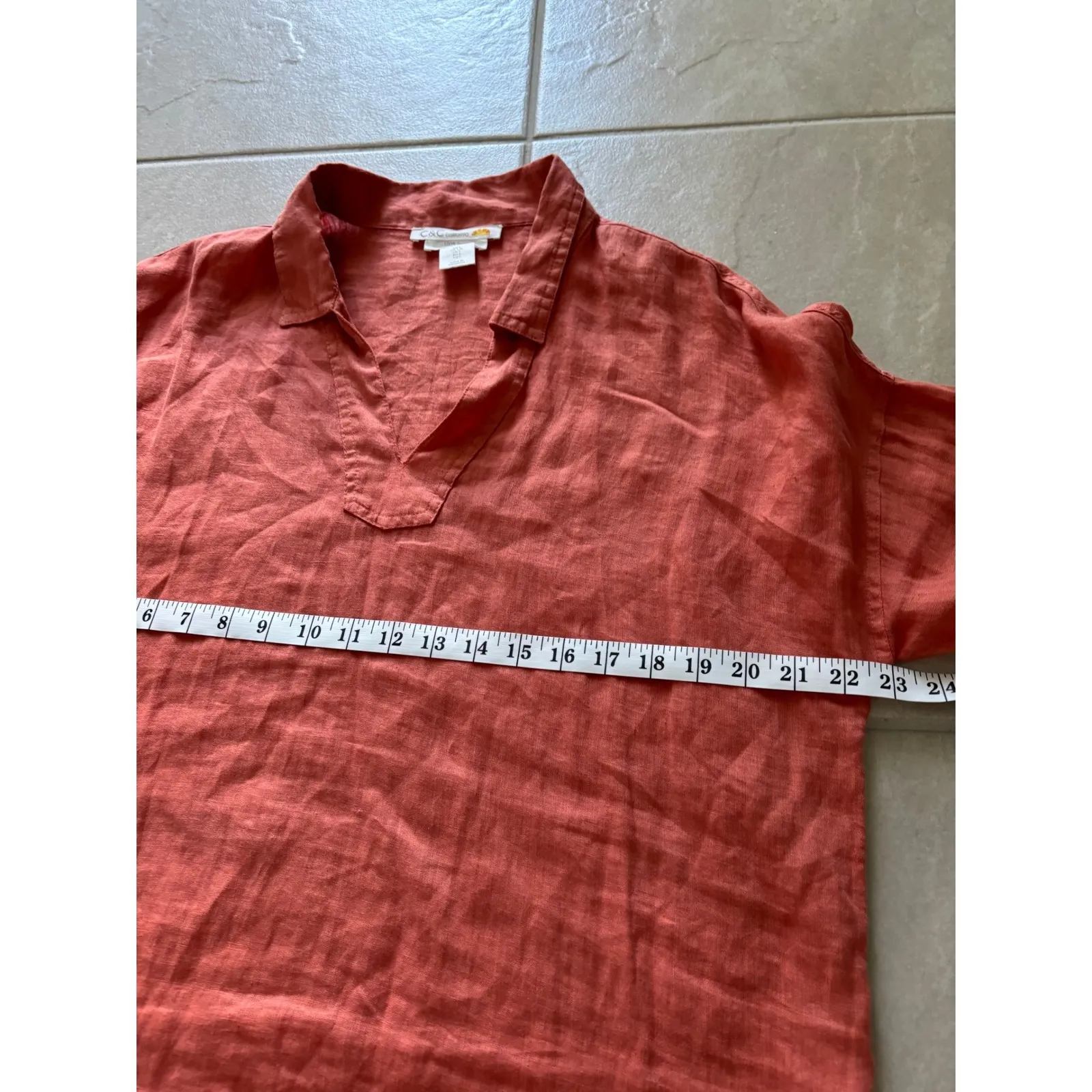 C & C California Top Womens Large Orange Linen Collared Beach Coastal‎ Preppy - Image 7