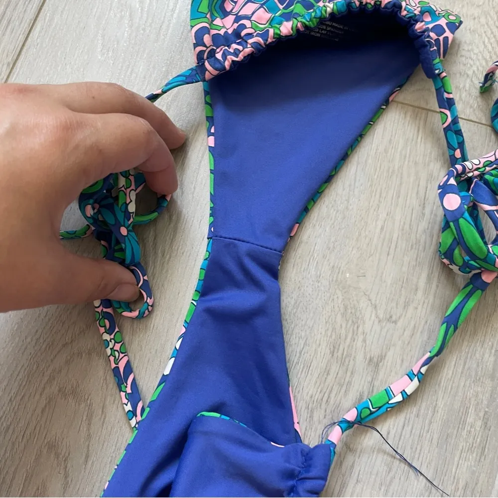 Frankies Bikinis Tia Floral String Bikini Bottoms Good Vibes Print Blue (Medium) - Image 5