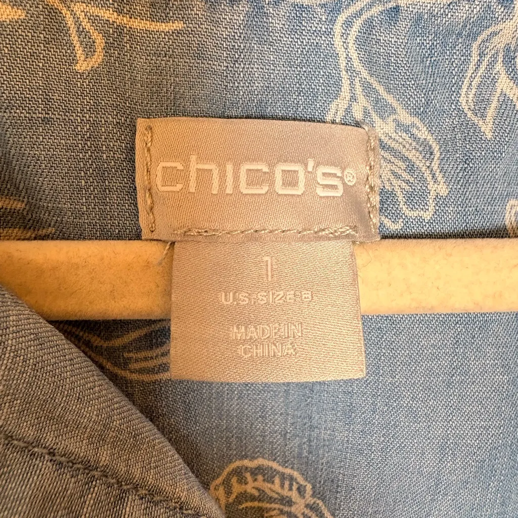 Chico’s Blue Floral Chambray Shirt Dress Coastal Casual Button Front Size 1 (M) - Image 4