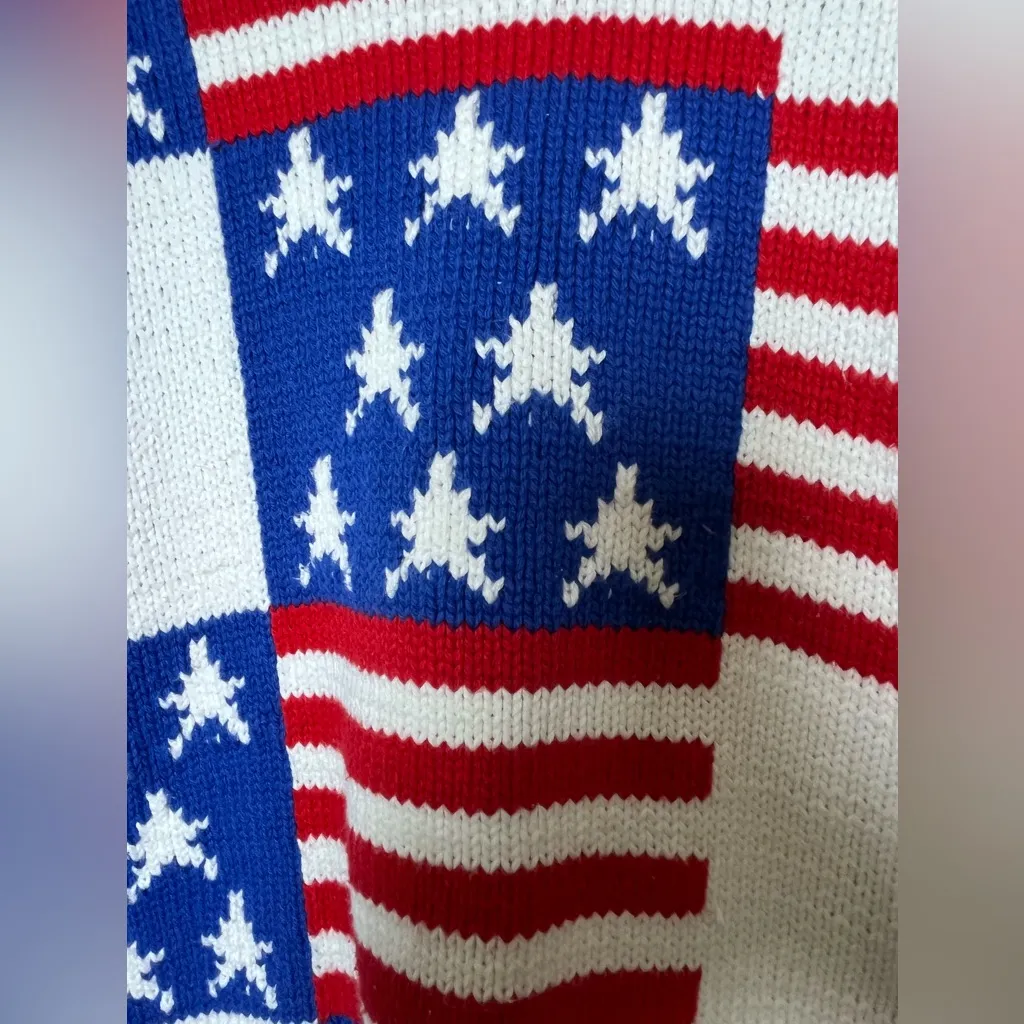 Lumy Vintage 80s Hand Knit Red White Blue America USA Sweater Women Size L Size L - Image 2