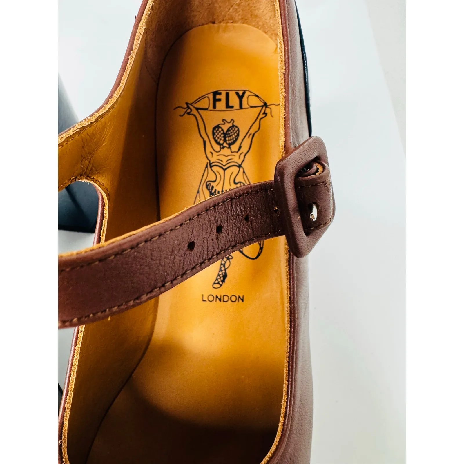 Fly London ERIL Platform Pumps Cognac & Navy Leather Retro 70s Chunky Heel 38 - Image 6