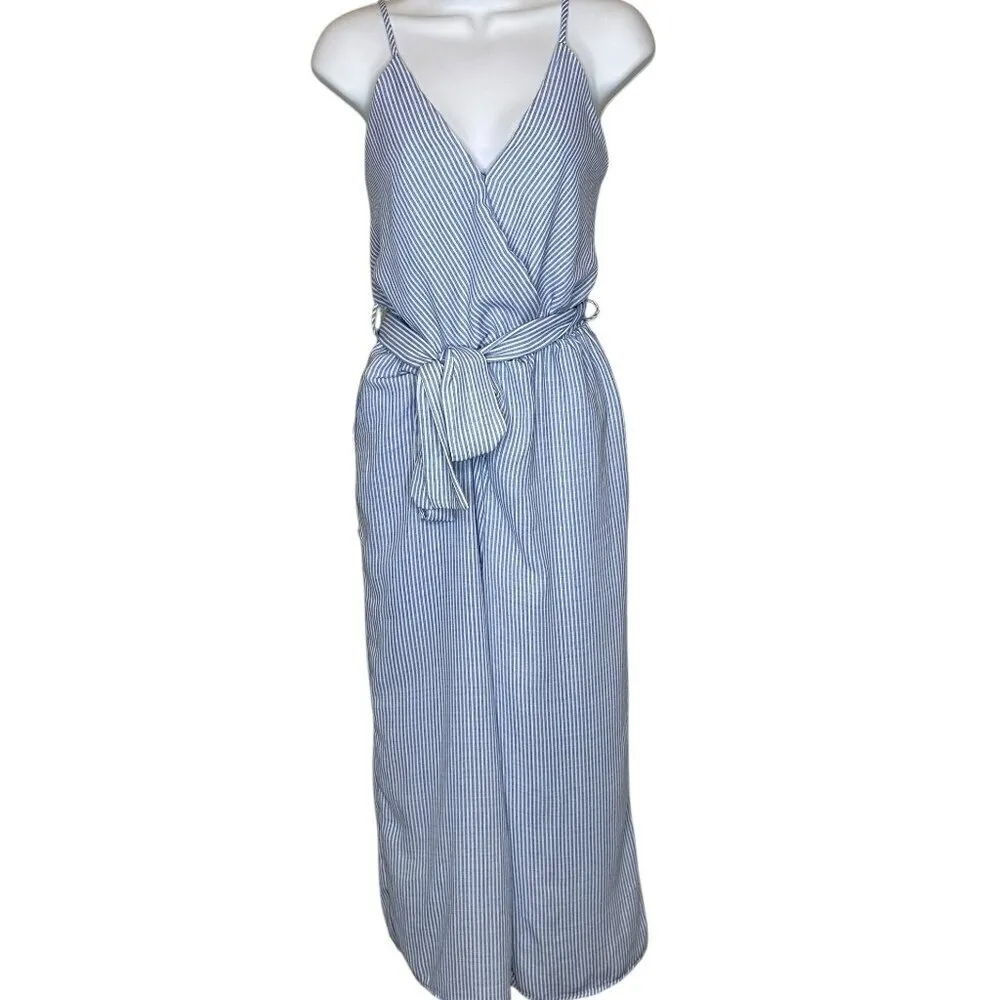 Sienna Sky Womens Tie Front Jumpsuit Blue and White Pinstripe Size Medium - Image 2