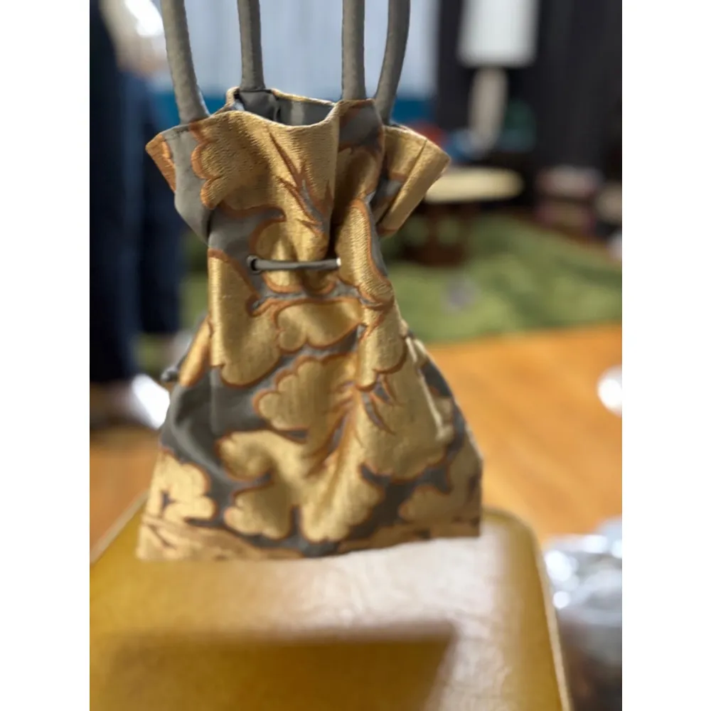 Vintage Chom Chom Drawstring Bag Small Gold Gray Floral - Image 3