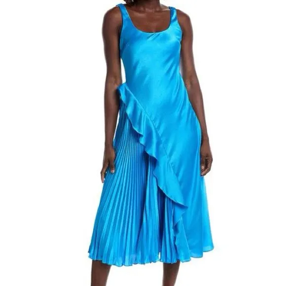 ML Monique Lhuillier Liv Satin Midi pleated Dress cyan blue size 6 - Image 6
