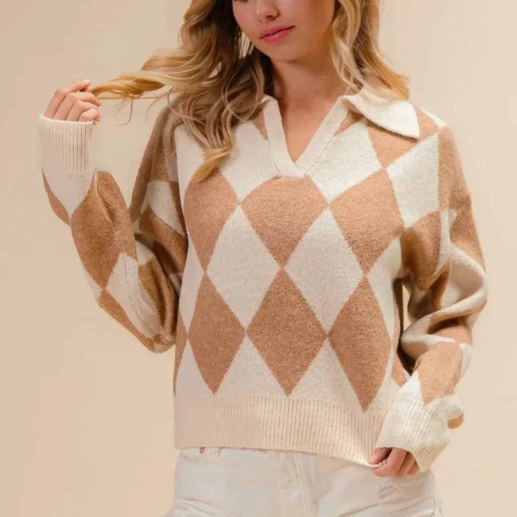 ✨NWT BiBi Diamond Pattern Collared‎ Notch Neck Sweater Size XL - Image 9