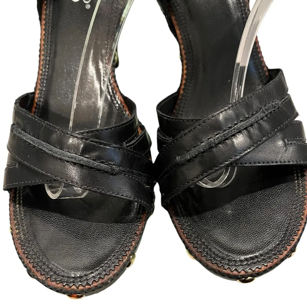 Franco Sarto Black Leather Ankle Strap Wood Heel Gold Tone Stud Sandals, Sz 6.5 - Image 11