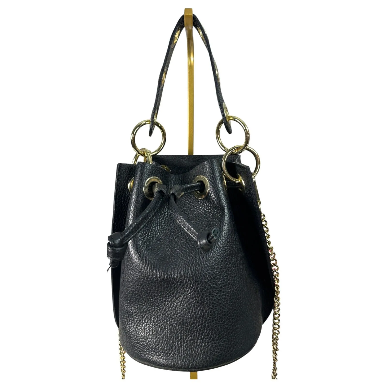 Italian Leather Gold Hardware Mini Drawstring Bucket Bag Satchel Crossbody Black - Image 3