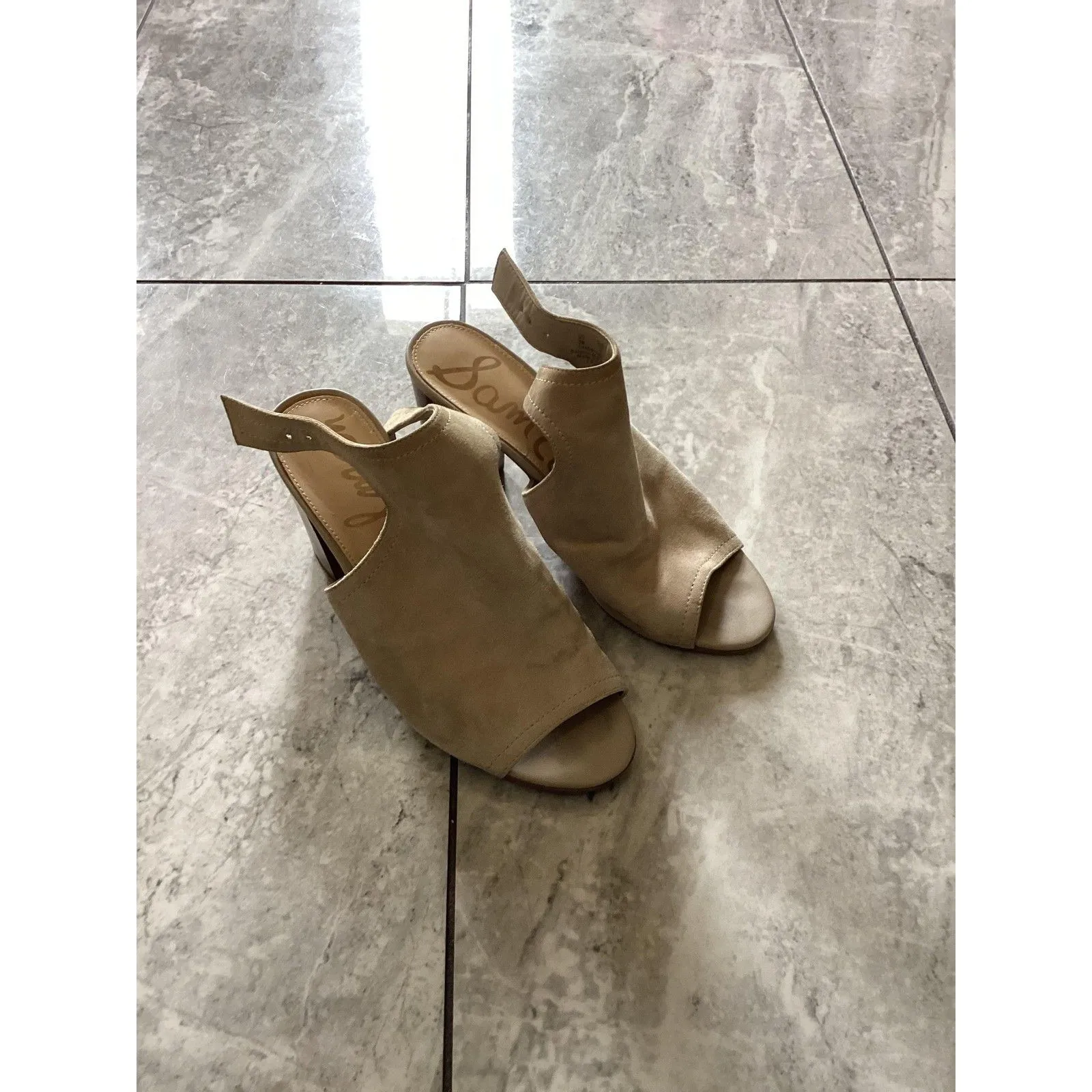 Sam Edelman Shoes Womens Size 7 Beige Ervin Peep Toe Slingback Block Heel EU 37 - Image 2