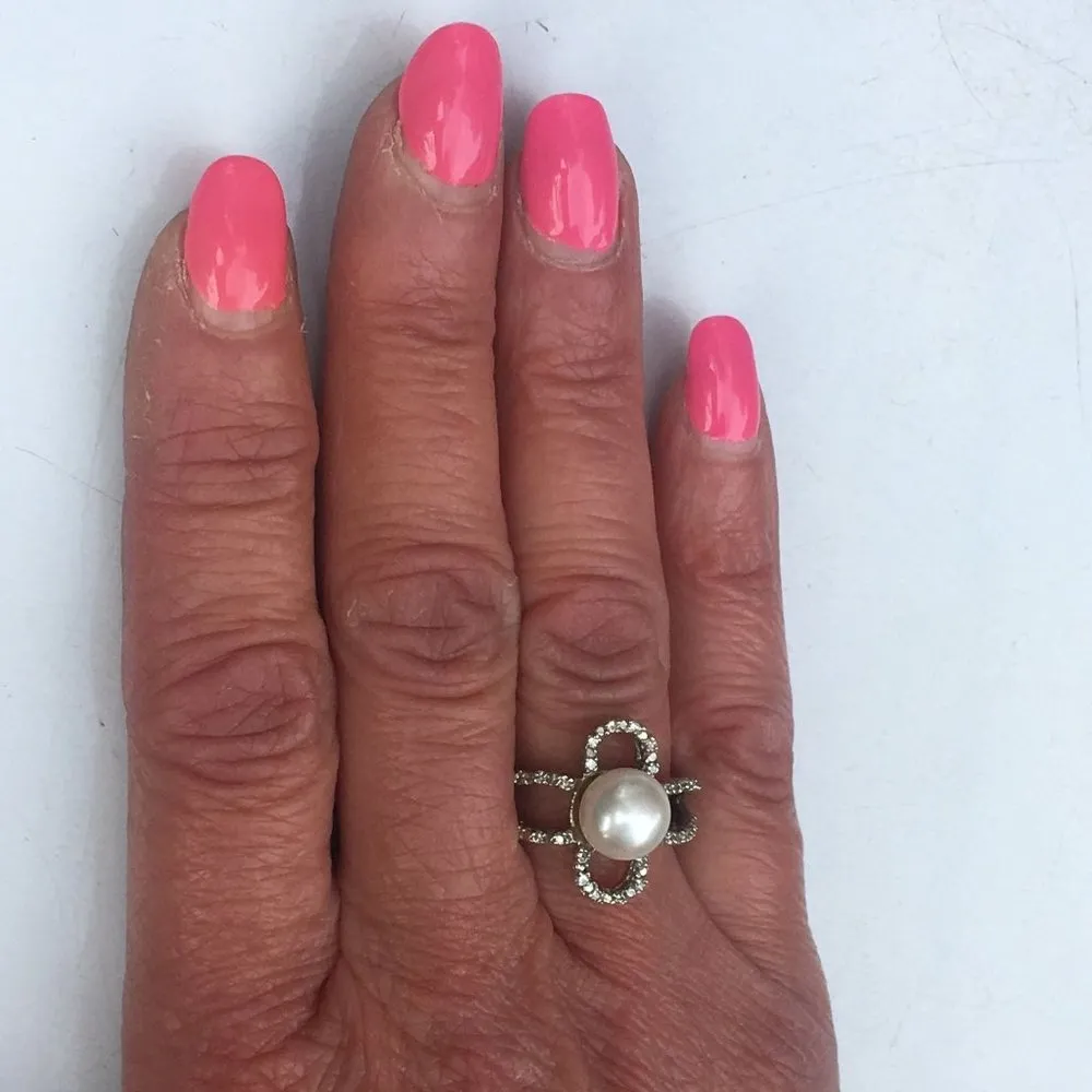 Sterling Silver Pearl Ring with Cubic Zirconia Accents, Size 7, Silver Jewelry - Image 2