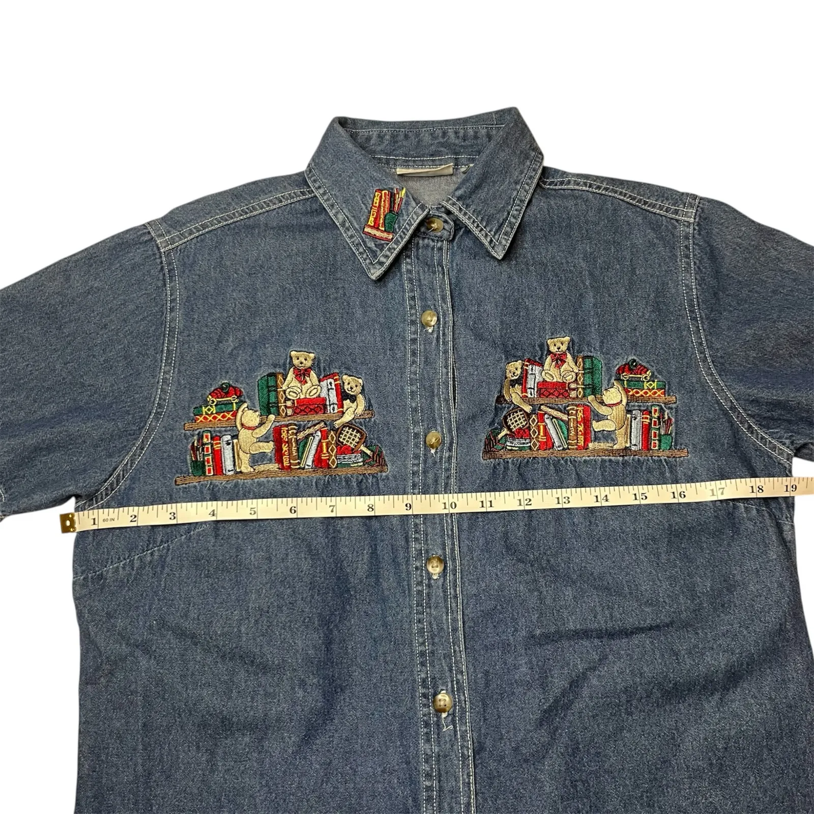 Vintage Cabin Creek Denim Shirt Embroidered Teddy Bears Book Shelf Western Sz PS - Image 8