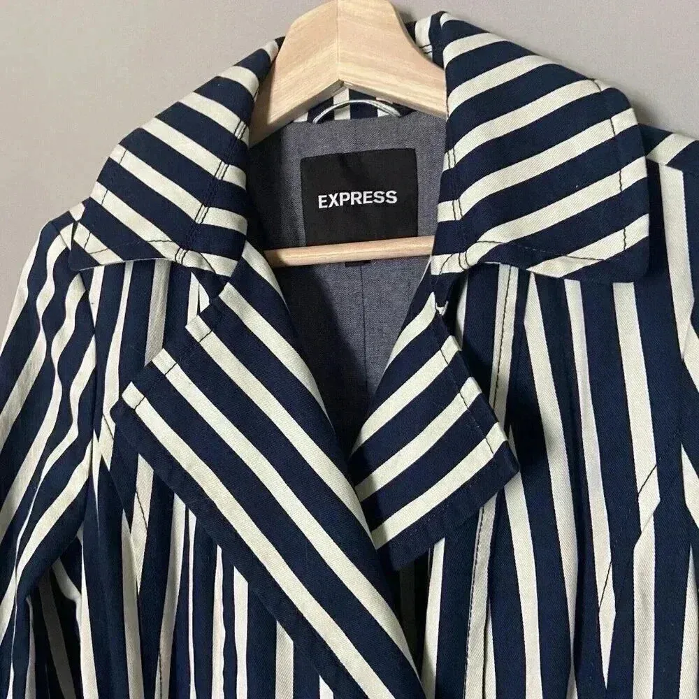 Express Women's‎ S Blue White Striped Pleated Back Trench Coat Size Small Preppy - Image 5