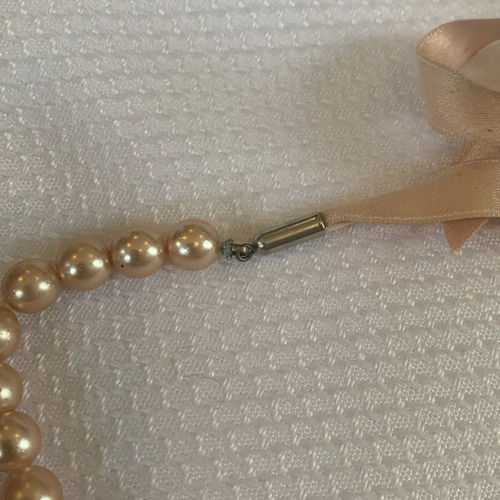 Pink Faux Pearl Satin Ribbon Tie Special Occasion Necklace Tan - Image 4