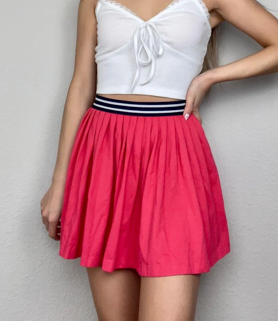 Gymboree Hot Pink High-Waisted Accordion Pleated Mini Skirt W/Navy Blue & White Striped Waistband - Image 2