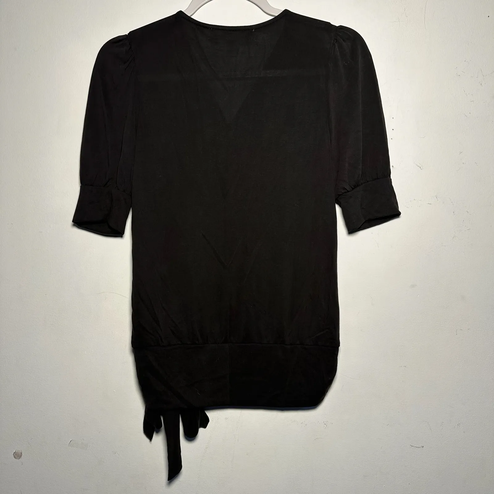 Catherine Malandrino Black V Neck Tie Waist Puff Sleeve Top XS - Image 2