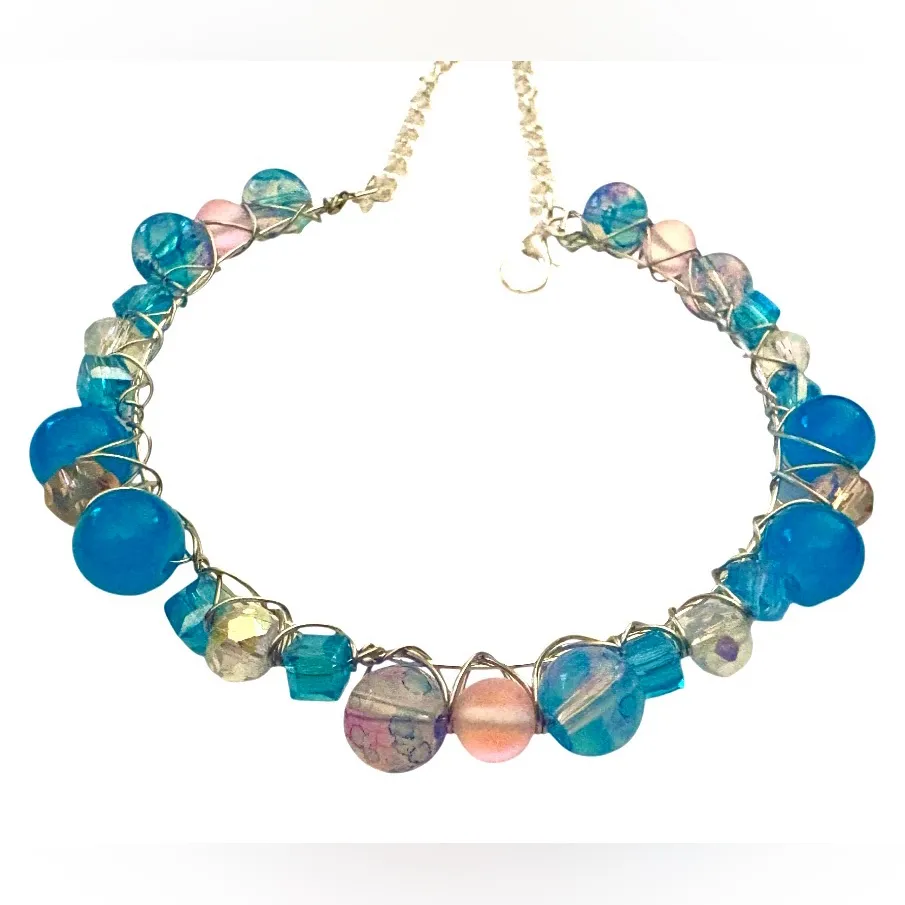 Hand Wired Bracelet with Cotton Candy Stained Glass Beads and Crystals Pink - Image 3