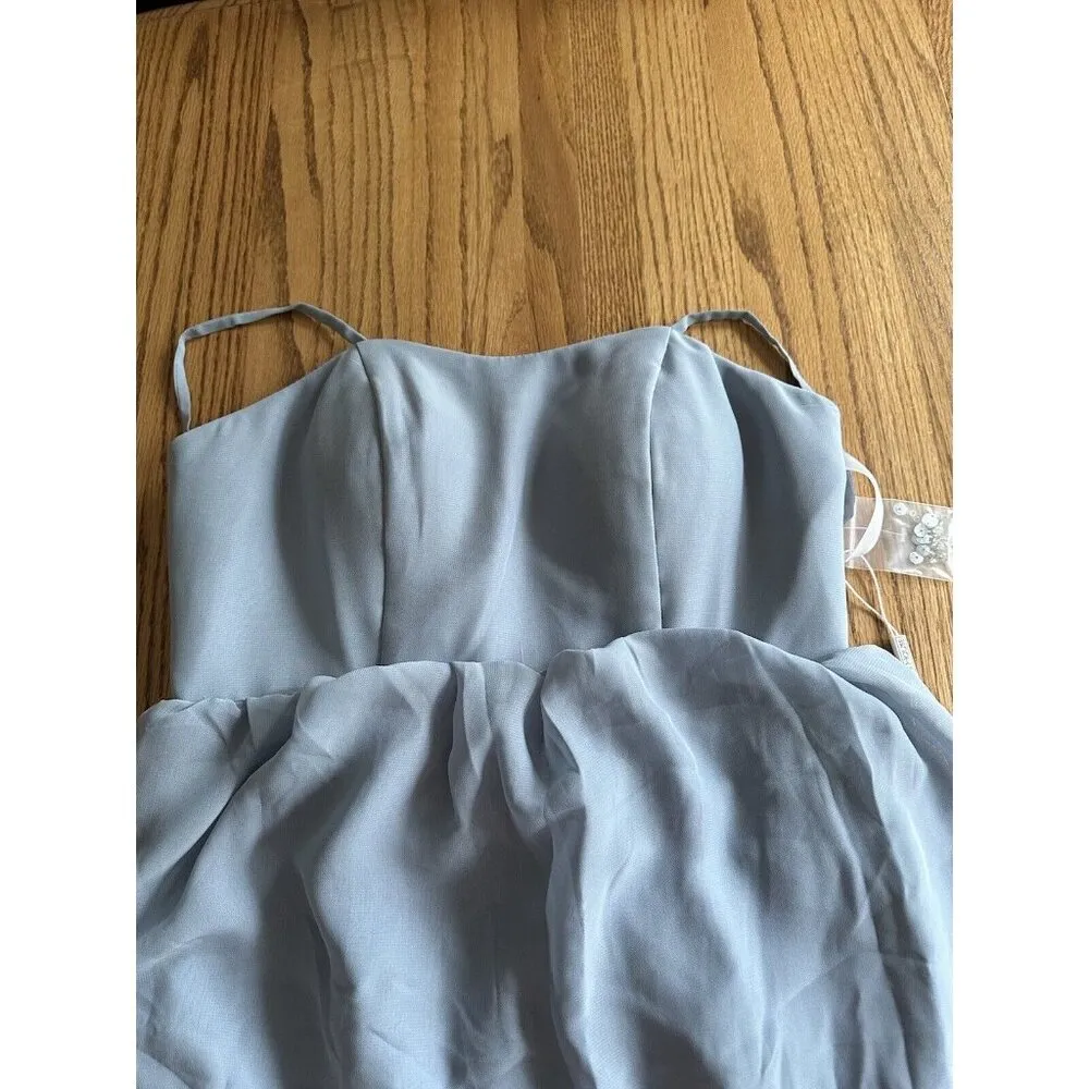 JJ'S HOUSE SIZE XS DUSTY BLUE EMPIRE WAIST BRIDESMAID GOWN FLUTTER SLEEVE NWT - Image 10