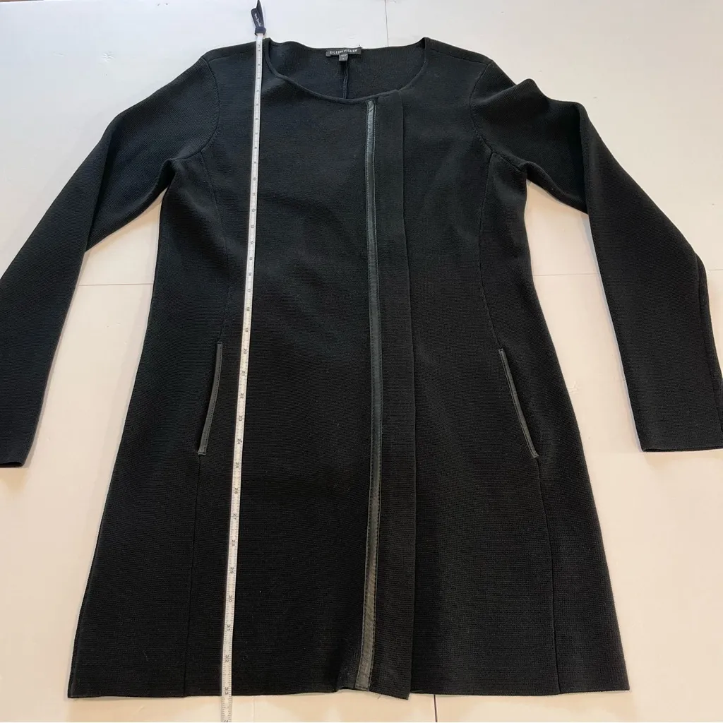Eileen Fisher Black Silk Leather Trim‎ Cardigan Sweater Long Zip Jacket SMALL - Image 8