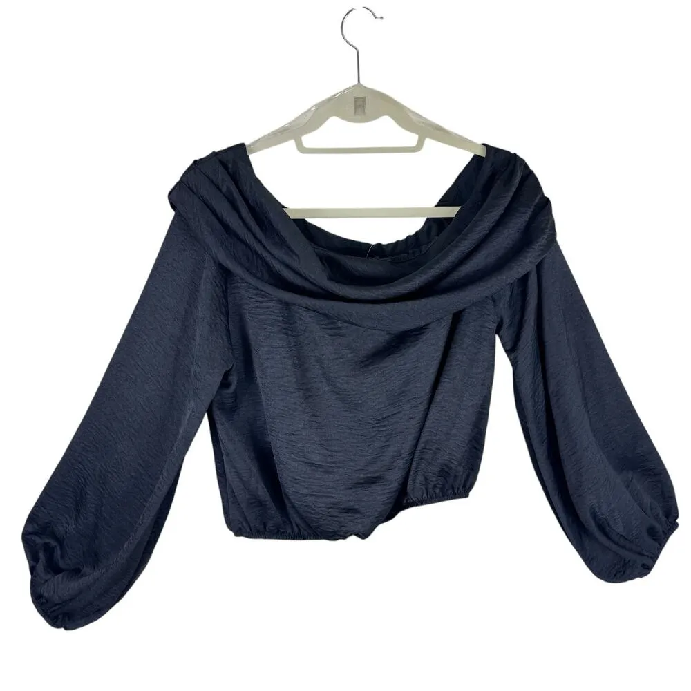 By Together NWT Black Satin Long Balloon Sleeve Off Shoulder Cropped Blouse Sz L - Image 2