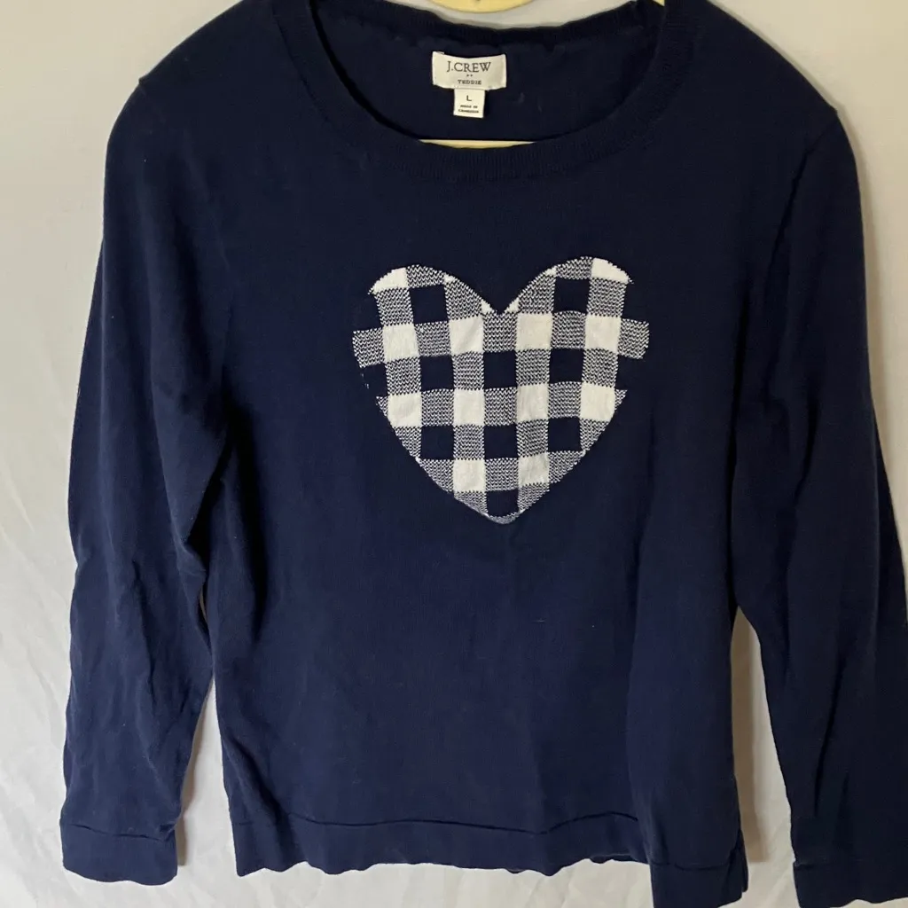 J. Crew: Navy Blue Teddie Long Sleeve Lightweight Sweater-Checkered Heart- L - Image 9