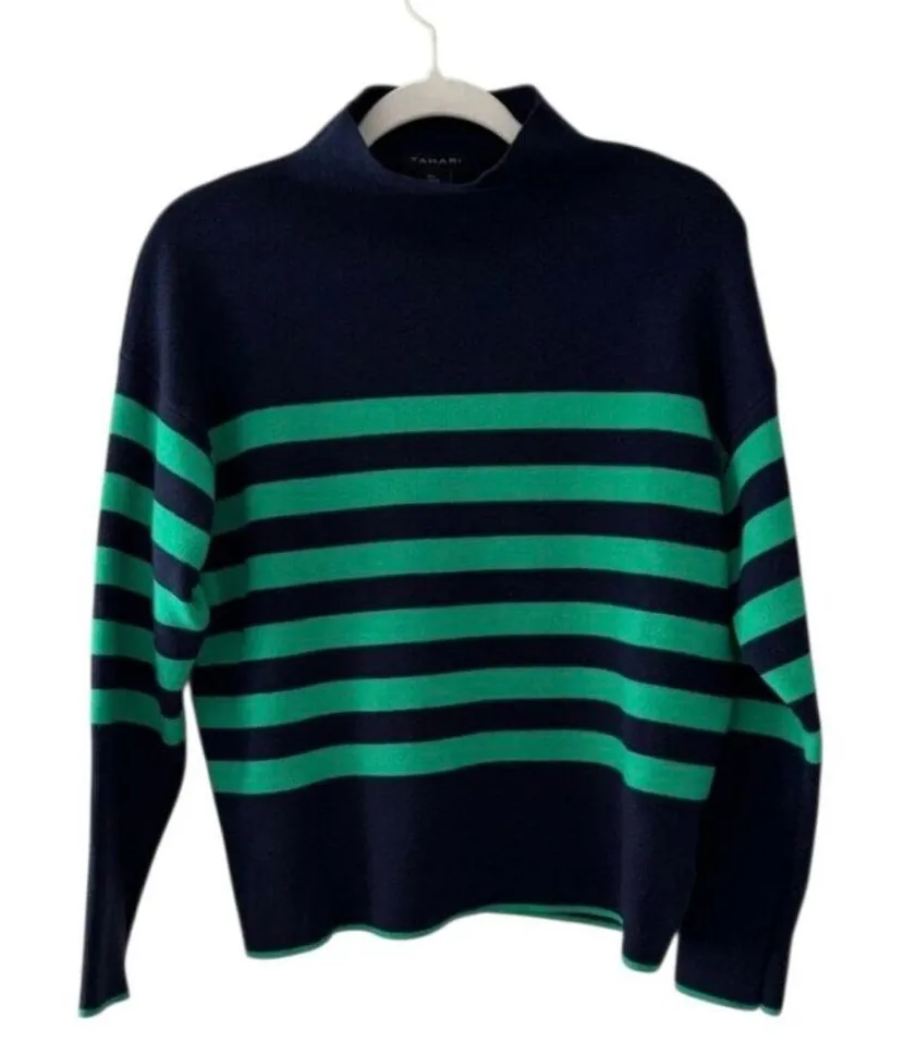 Tahari Striped Mock Neck Pullover Sweater Green Navy Blue Stylish Size Large - Image 1