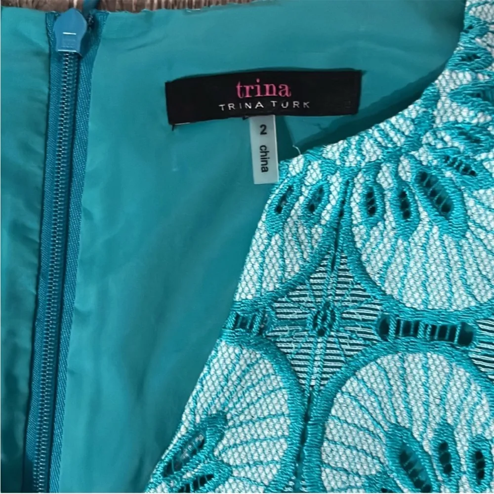 Trina Turk Aqua Doran Ruffle Sleeve Floral Eyelet Overlay Tunic Dress sz 2 - Image 7