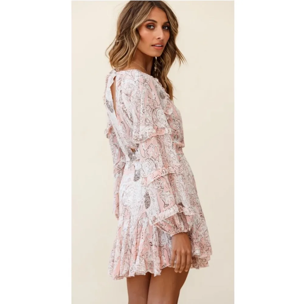 Here Comes The Sun Ruffle Long Sleeve Tie-Waist Pink/White/Brown Mini Dress - Image 11