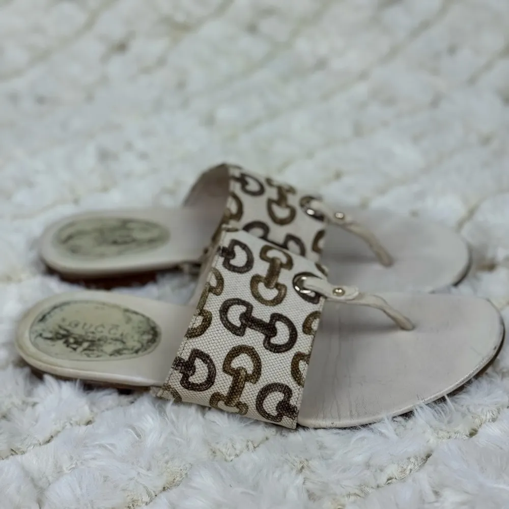 Gucci Horsebit Cream and Brown Sandals with Ornate Design Size 7 - Image 6