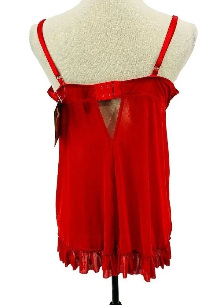 Dreamgirl Floral Satin Jacquard Stretch Mesh Lingerie Babydoll Red Xlarge - Image 5