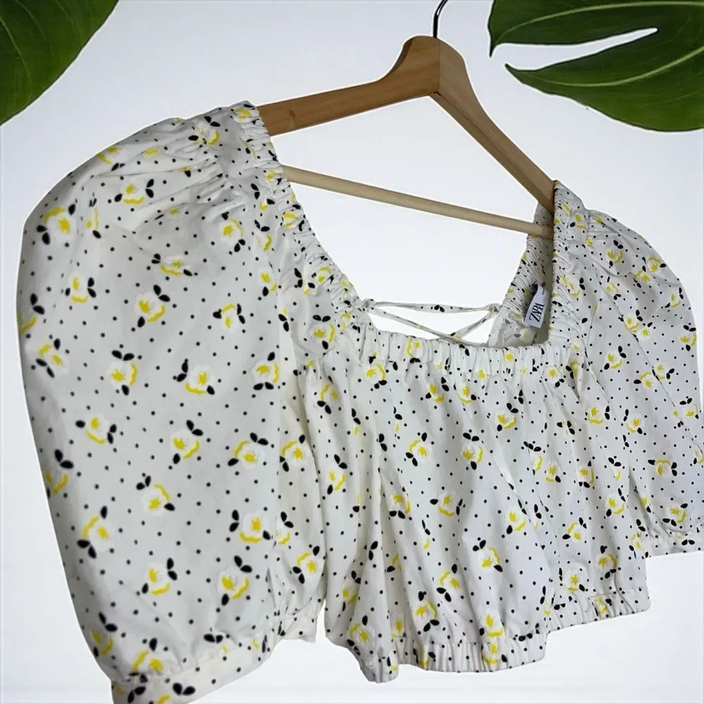 Zara Dot Floral Print Balloon Sleeve Crop Top with Lace-Up Back - M - Image 8