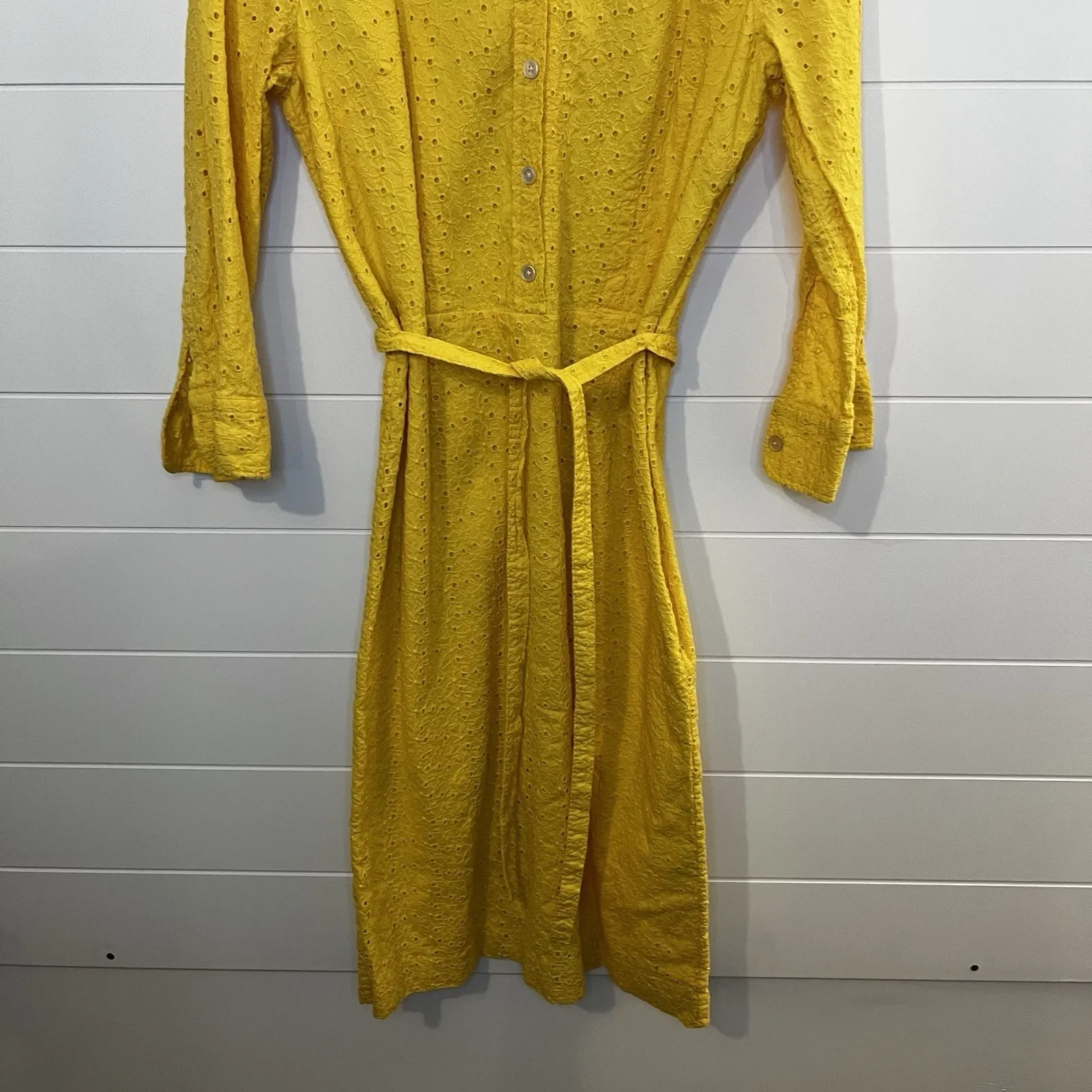 TALBOTS Yellow Embroidered Eyelet Cotton Shirt Waist Belted Dress Size 6 - Image 3