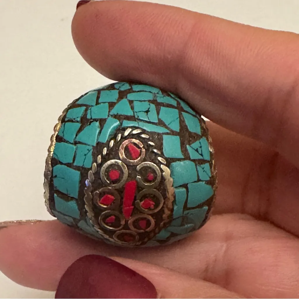 Lovely Turquoise & Coral Stone Unique Vintage Tibetan vintage brass Ring Blue - Image 10