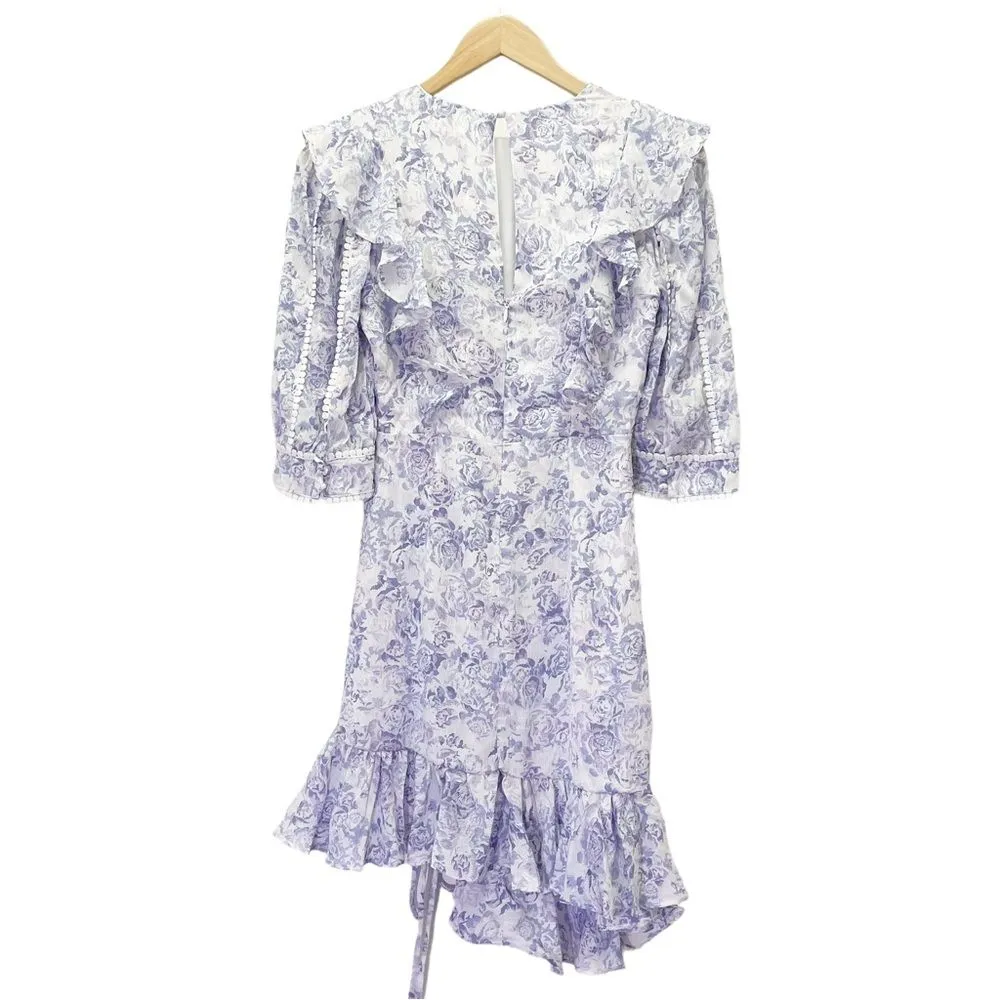 NWT Dark Pink Puff Sleeve Ruched Mini Dress in Lavender Rose Print Size 4 NEW - Image 6