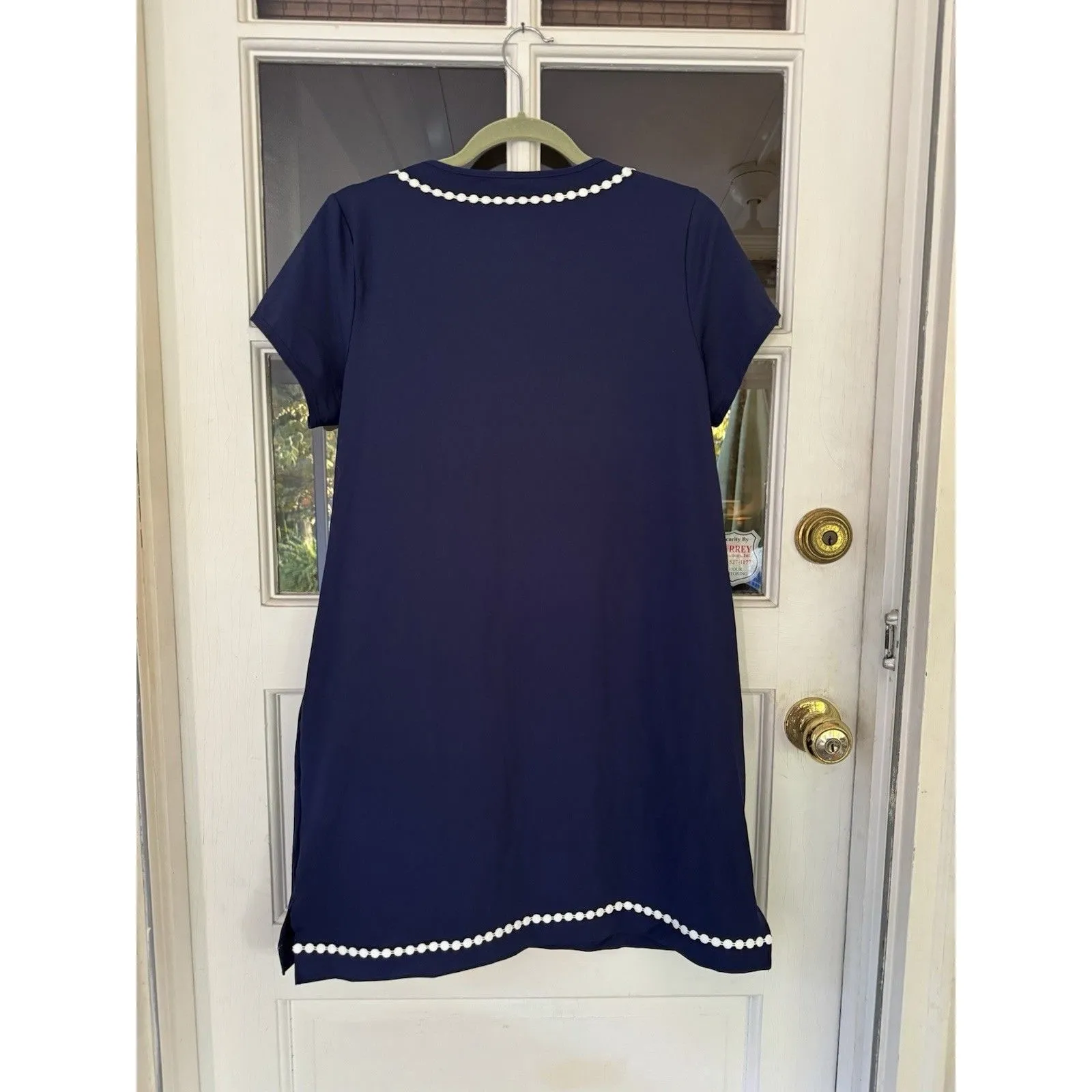 Lands End Dress Women's Medium Shift Blue crochet detail V - Image 7