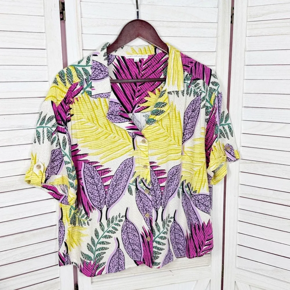 Jane & Delancey Tropical Print Button Up Short Sleeve Shirt Large‎ - Image 7