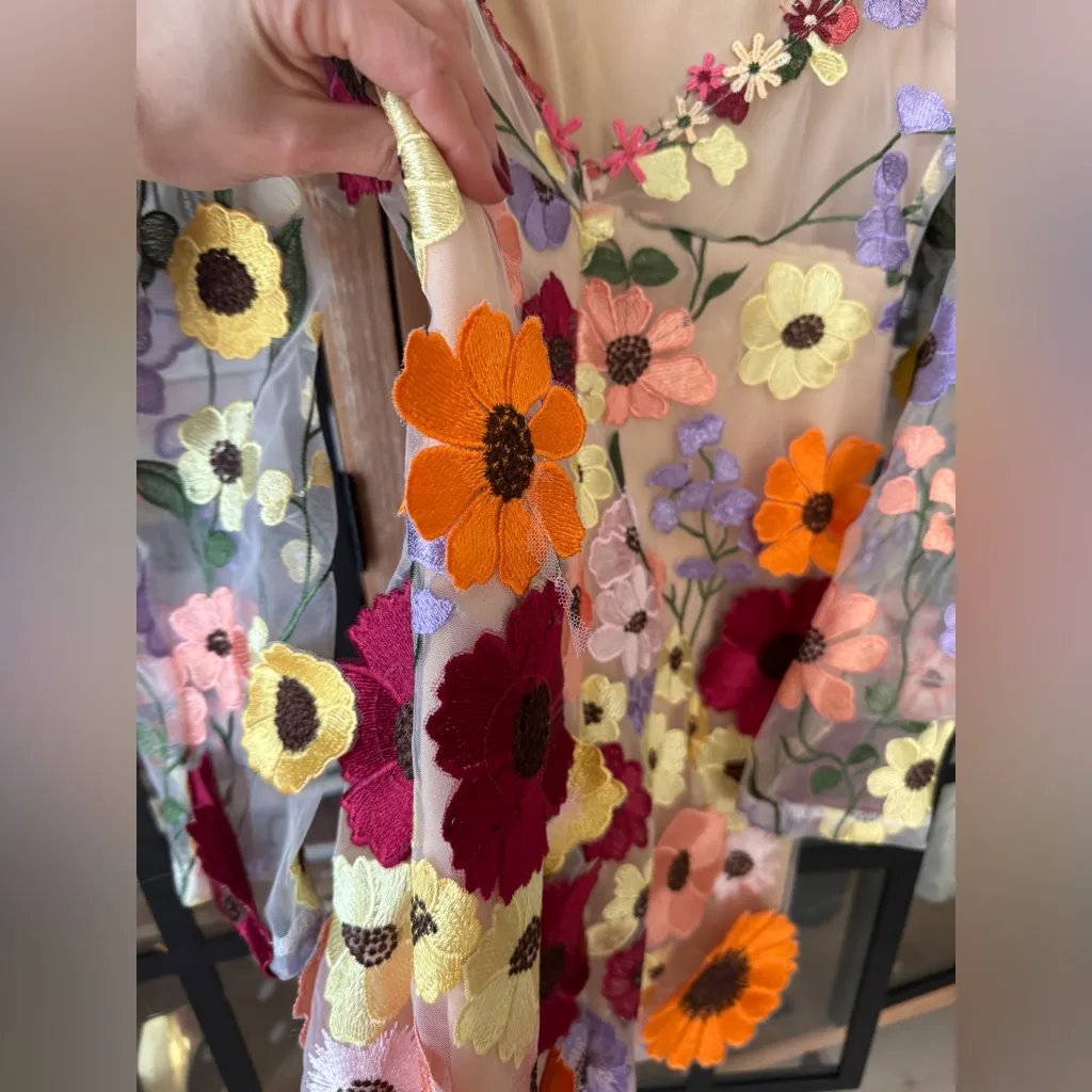 3D flowers appliqué dress long sleeve mesh mock neck mini Oscarrenta embroidered - Image 13