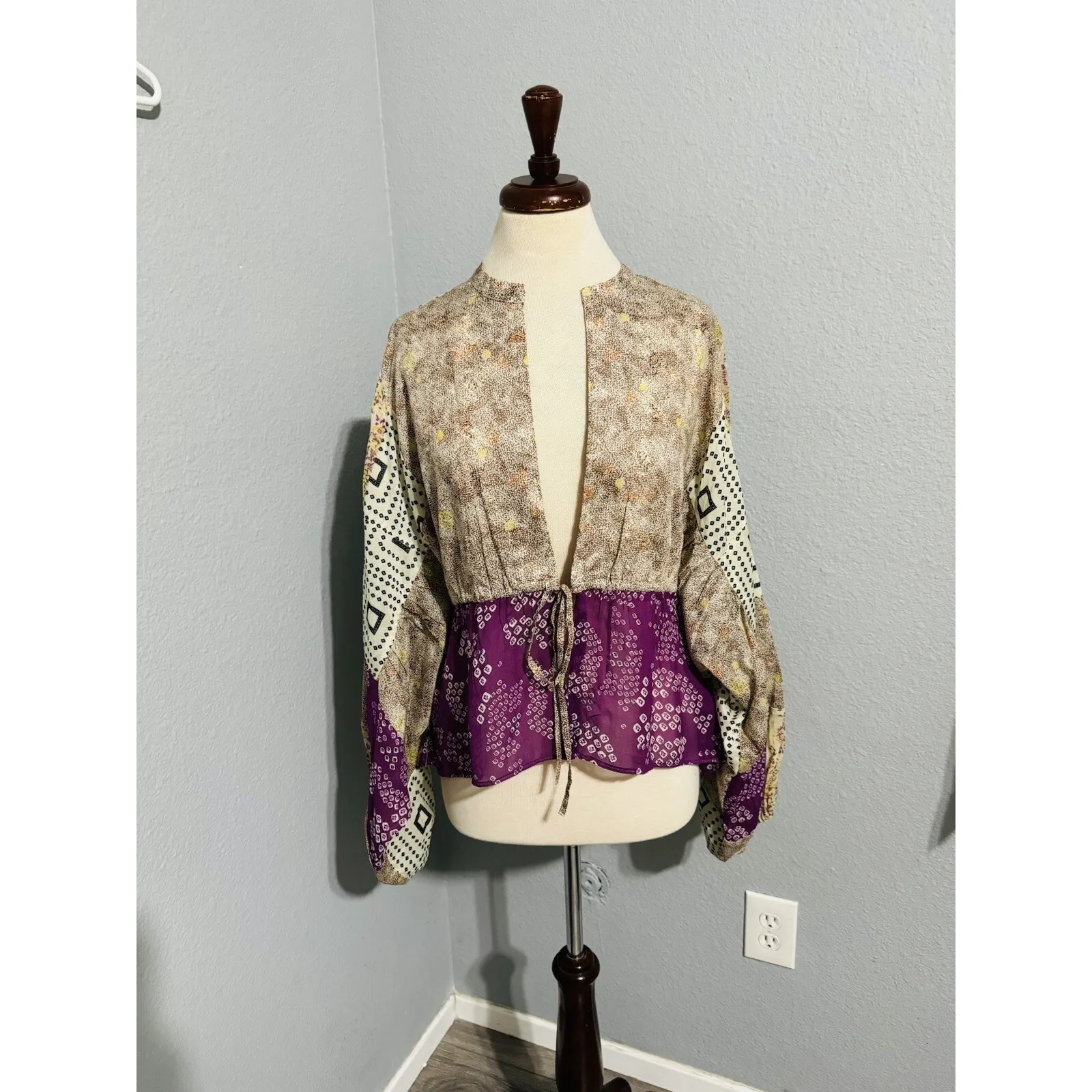 Zara Women Bloggers Favorite Bohemian Patchwork Long Sleeve V-Neck Blouse Sz M-L - Image 10