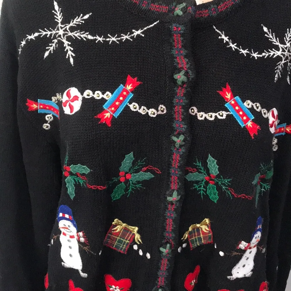 Tiara International Ugly Christmas Sweater Cardigan Holly Gingerbread Snowmen - Image 2