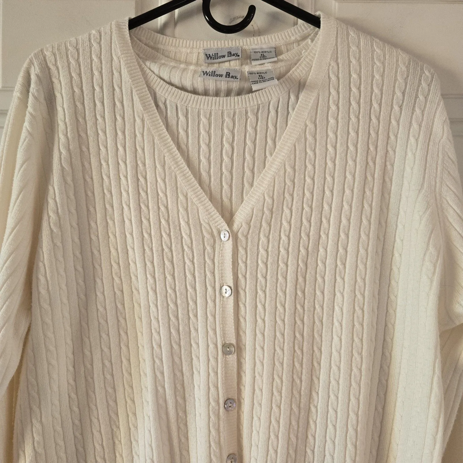Vintage Willow Bay 2 Piece Sweater Set XL 18 White Cable Knit Cardigan & TankTop - Image 8