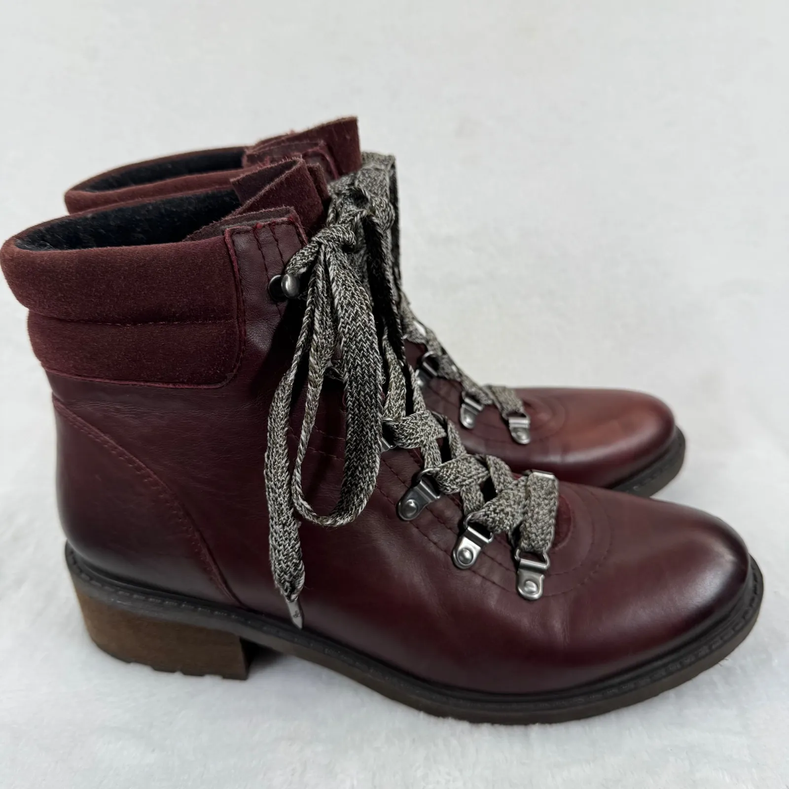 Burgundy‎ Leather Ankle Boots Women's Lace Up Heeled Booties Hiker Style Size 9 - Image 4