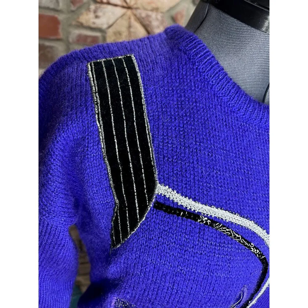 sweater vintage 1980s geometric beads purple black cream Size L - Image 7