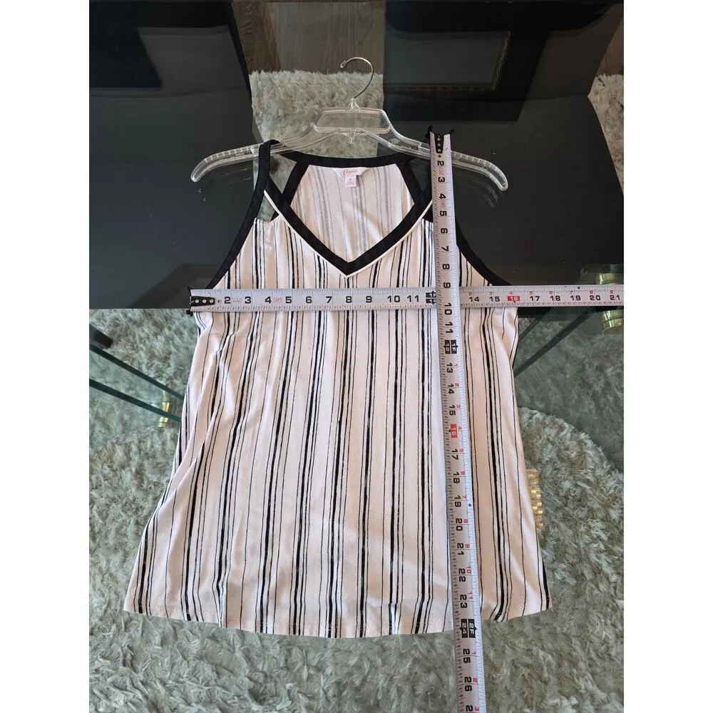 Candie's Blouse Top Women M White Black Striped Rayon Stretch V Neck Sleeveless - Image 8