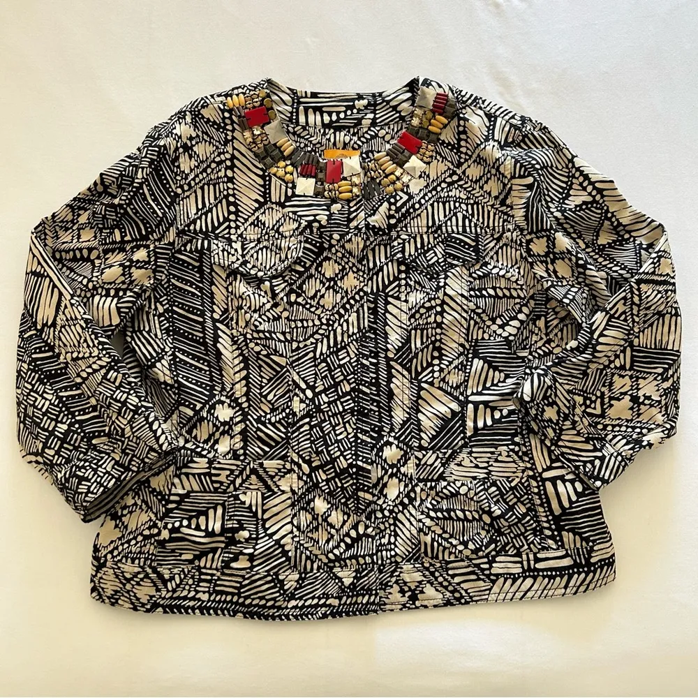 RUBY RD WOMENS SIZE 14 BLACK BEIGE GEOMETRIC 100% COTTON BEADED JACKET BLAZER - Image 8