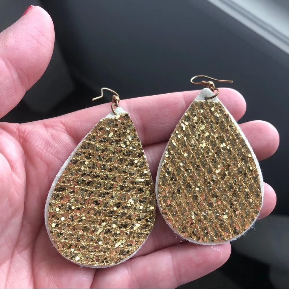 Gold Teardrop Faux Leather Earrings - Image 2