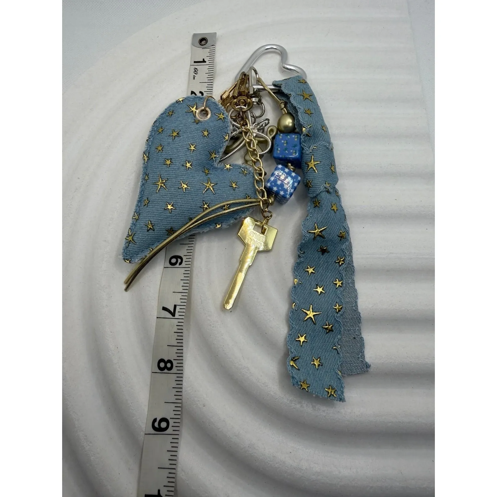 Denim Heart Keychain with Gold Stars, Charm Key & Beads‎ Boho Style - Image 4