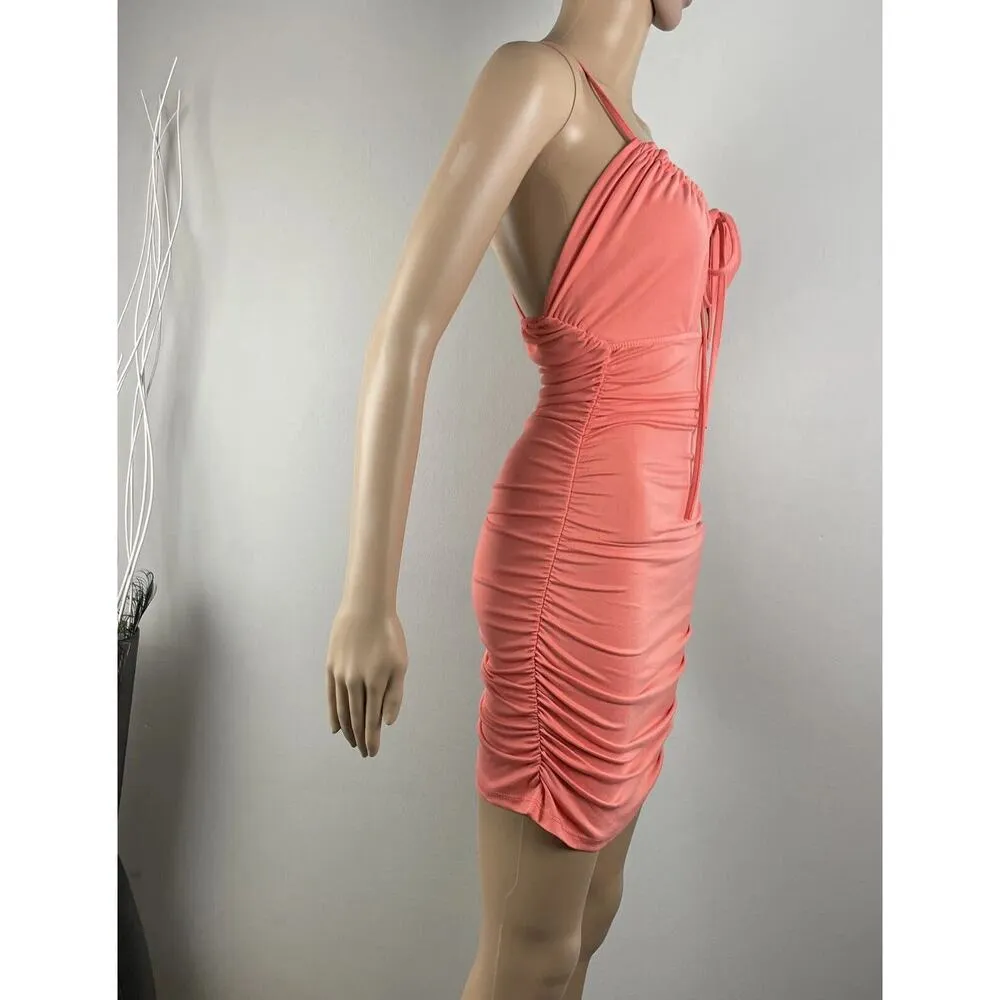 Capella Womens Cut Out Ruched Coral Mini Dress Juniors Size S/M Sleeveless Orange - Image 3