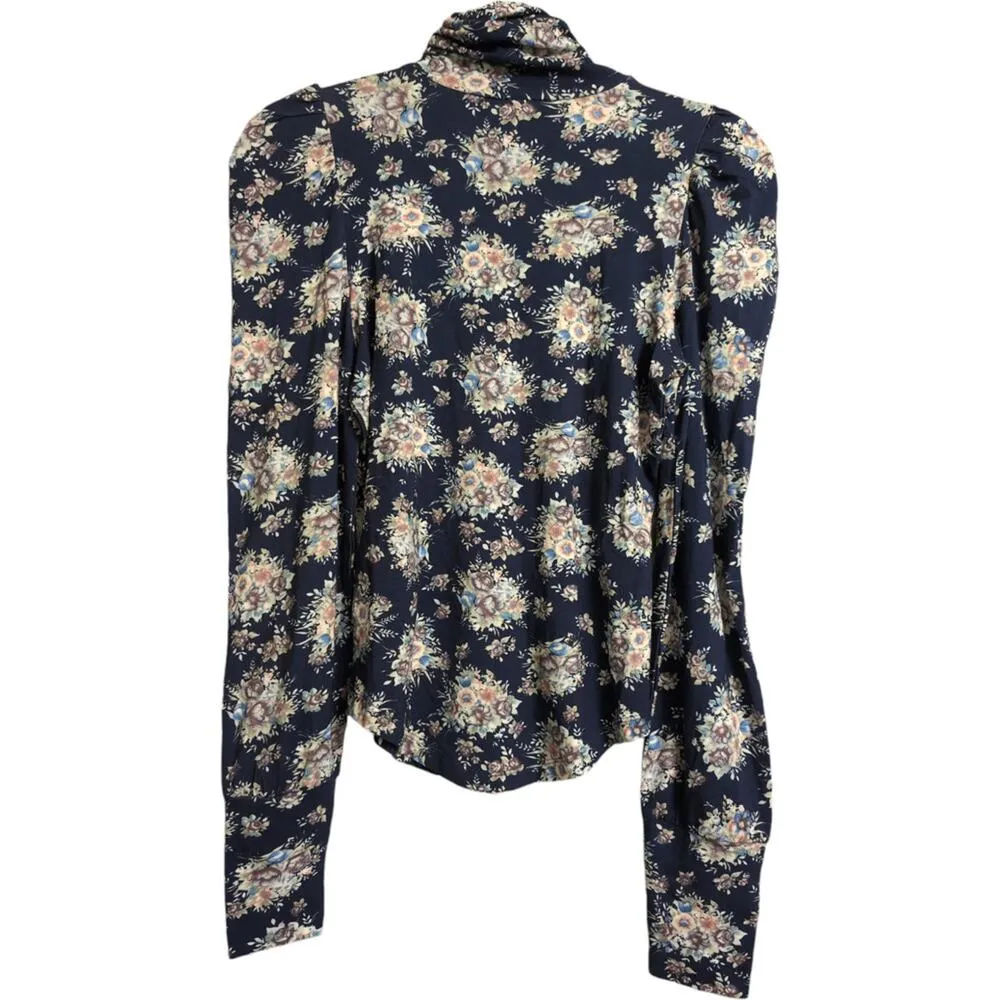 LoveShackFancy Deep Marine Floral Print Long Sleeve High Neck Blouse Size XS - Image 3