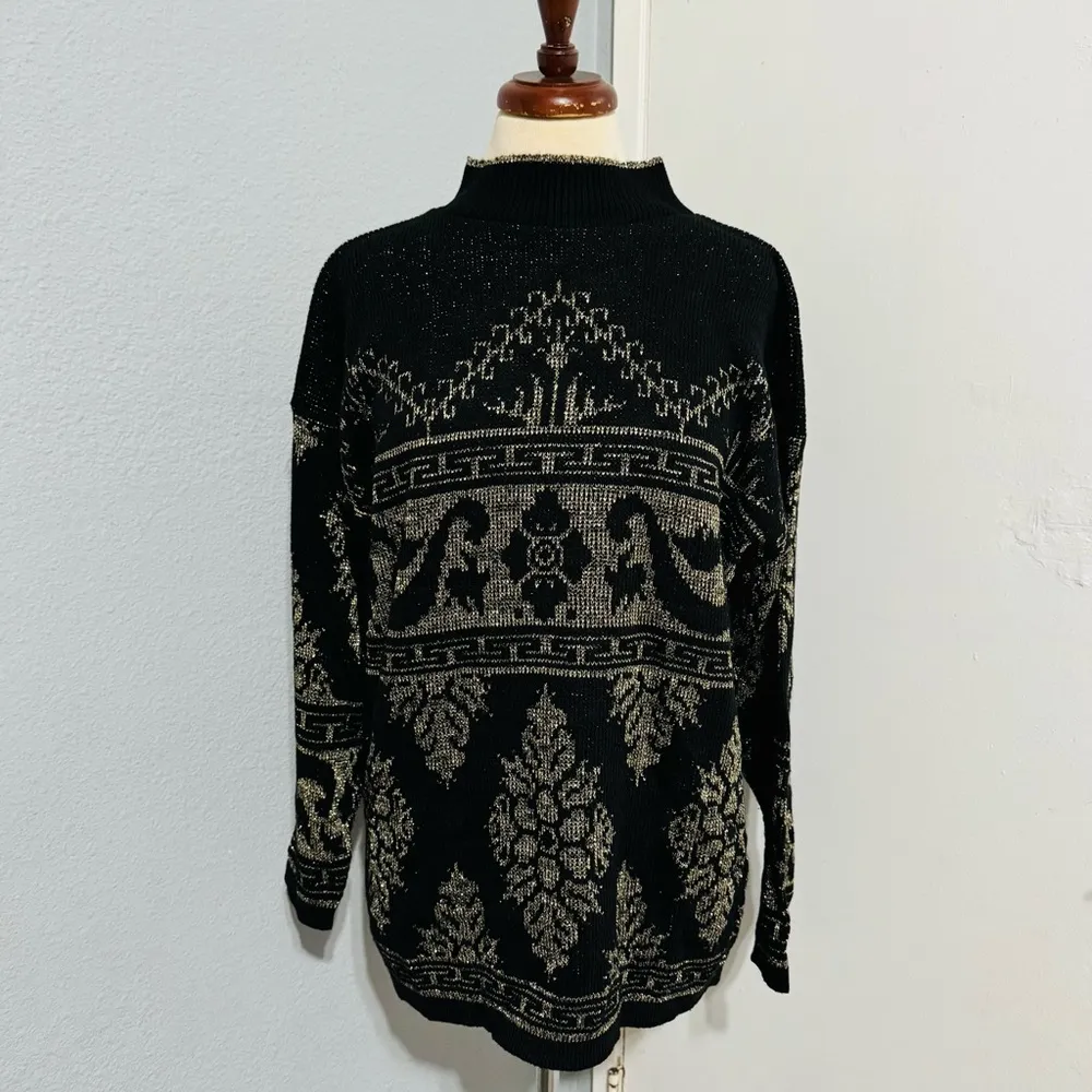 Arielle Women Vintage Black & Gold Glitter Crewneck Sweater Ornate Pattern Sz M Size M - Image 5