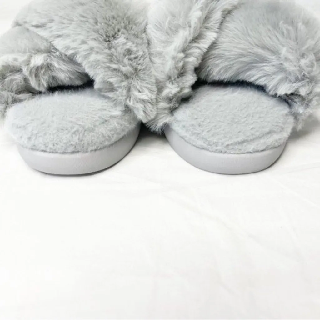 Halluci Slippers Cross Band Plush Slip On SM 6 Padded Footbed Grey Gray - Image 12